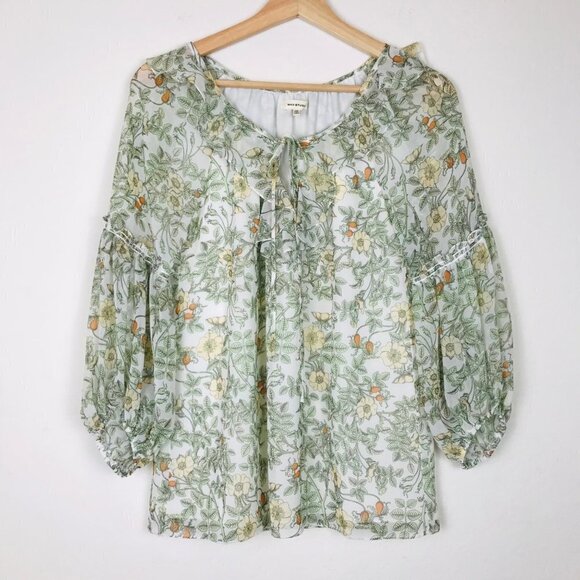 Max Studio Green Floral Balloon Sleeve Top Size X-Small - Picture 1 of 8